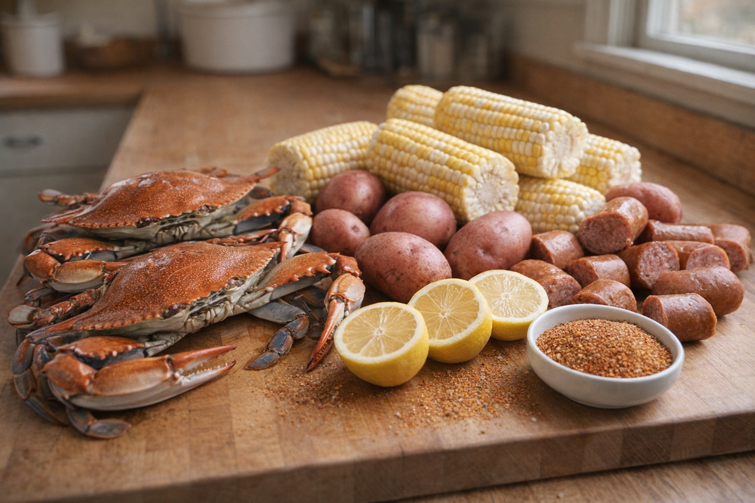 A close-up shot of raw crab, corn on the cob, potatoes, sausage, and lemons arranged on a wooden cutting board, with a spice blend in a small bowl. Natural daylight.